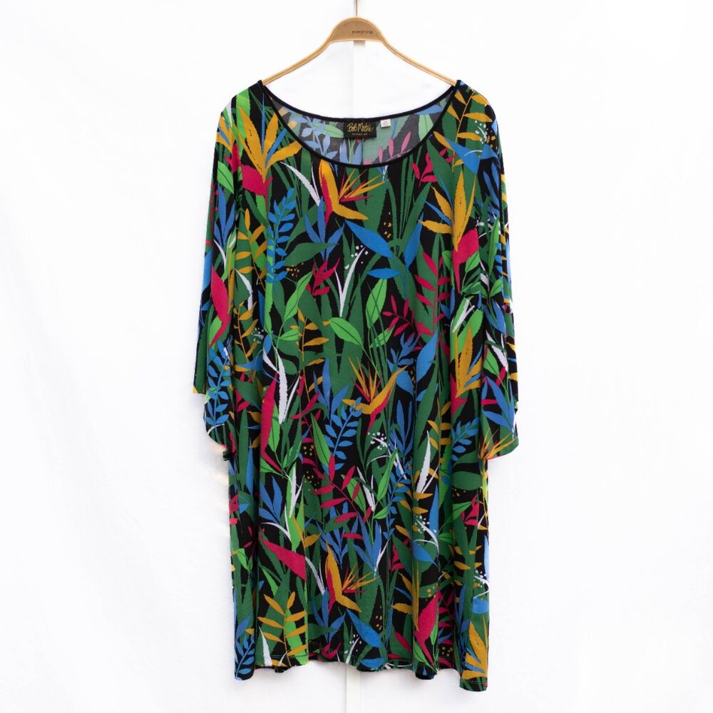 Bob Mackie 2X Tropical Hawaiian Palm Leaf Midi Dress Bell Sleeve Resortwear 🌺‎